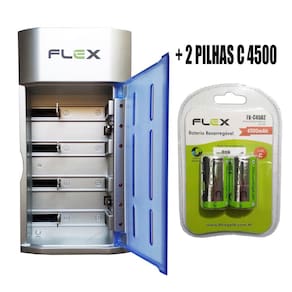 Carregador de Pilhas Flex AA AAA C D Baterias 9v Led com 2 Pilhas C 4500 mAh Recarregáveis Universal FX-C06