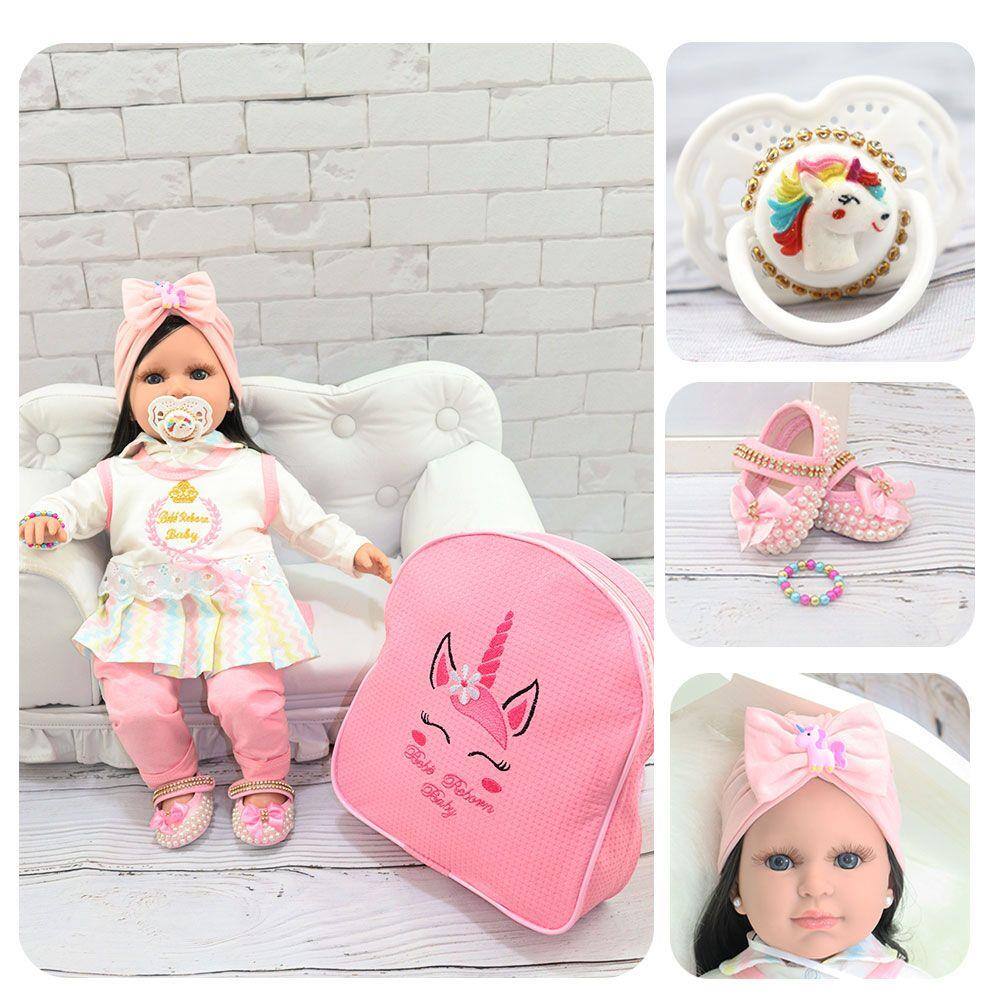 Boneca Bebê Reborn Luxo Rosa Vários Itens E Mochila