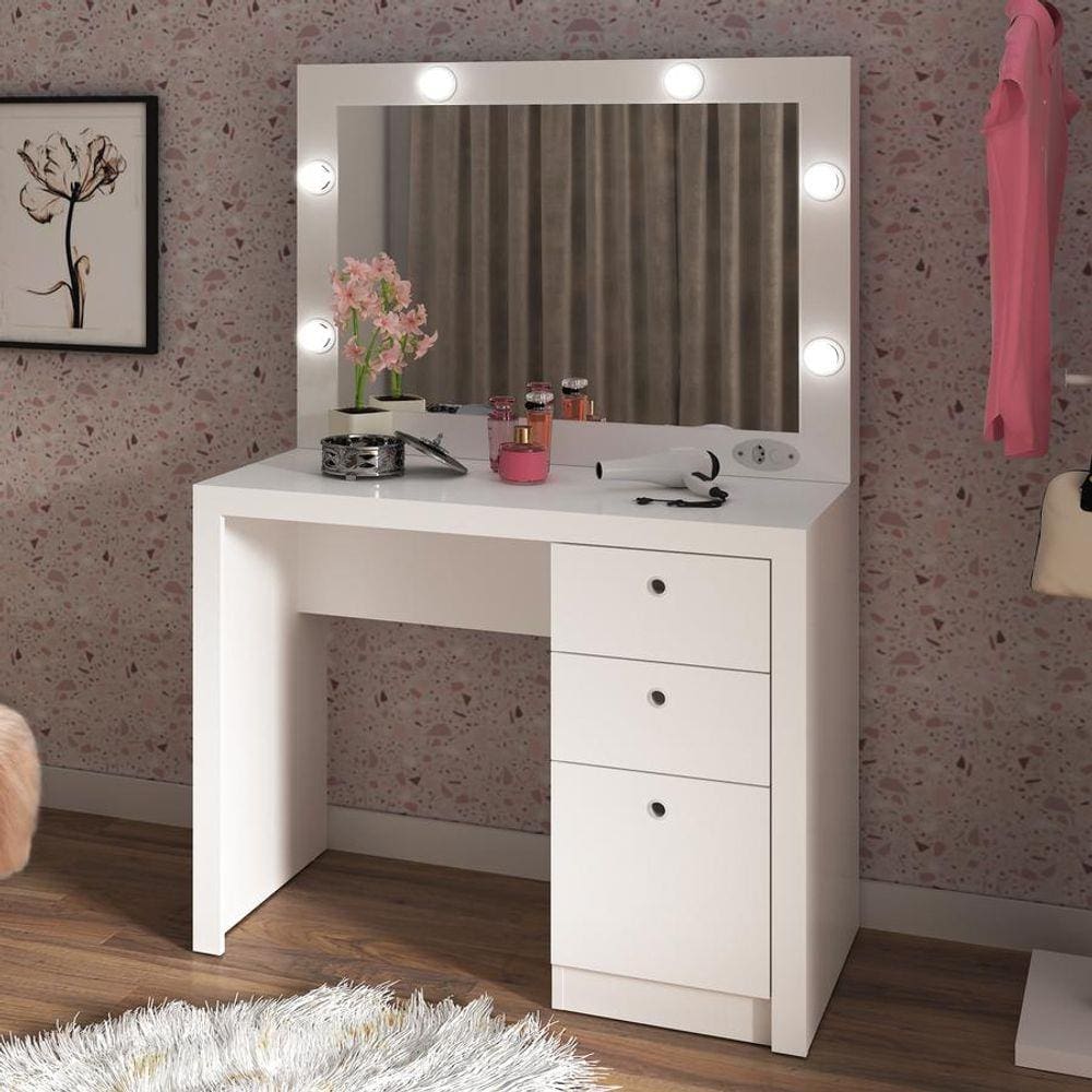 Penteadeira Camarim 90x41cm 6 Soquetes 3 Gavetas Branca