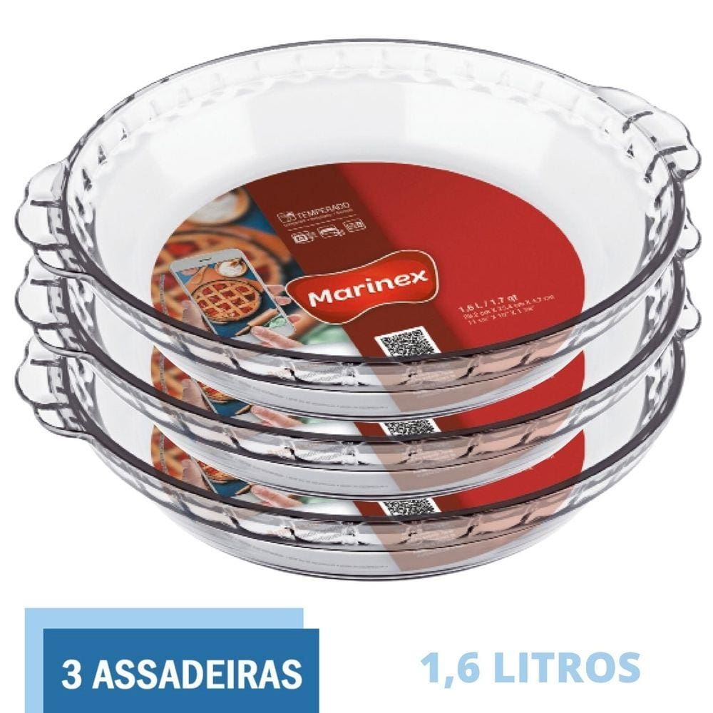 3 Travessas de Vidro Forma Filetada 1,6L Doces Torta Marinex