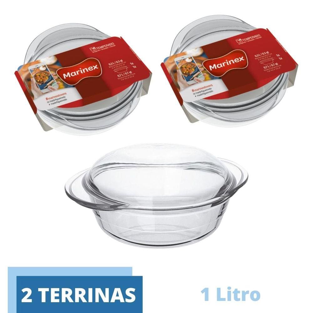 Travessa Vidro Terrina 1L Base 0,7L Tampa 0,3L Nadir - 2 Un