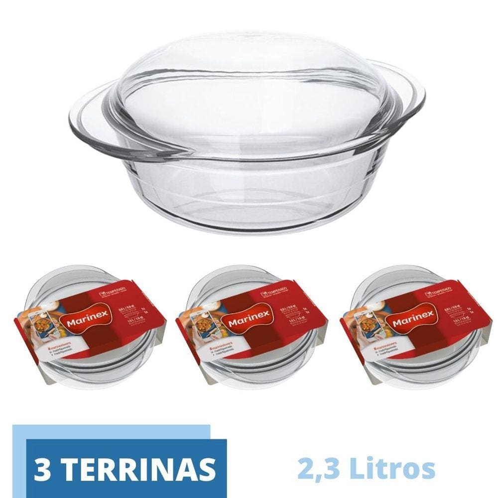 Travessa Vidro Terrina 2,3L Base 1,5L Tampa 0,8L Nadir - 3Un
