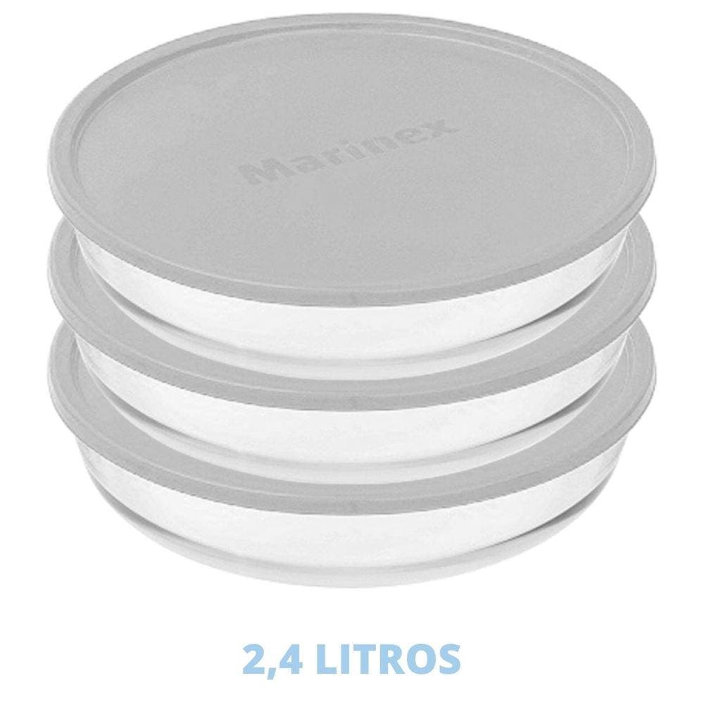 Travessa 2,4L Vidro Temperado Redonda C Tampa Marinex - 3 Un