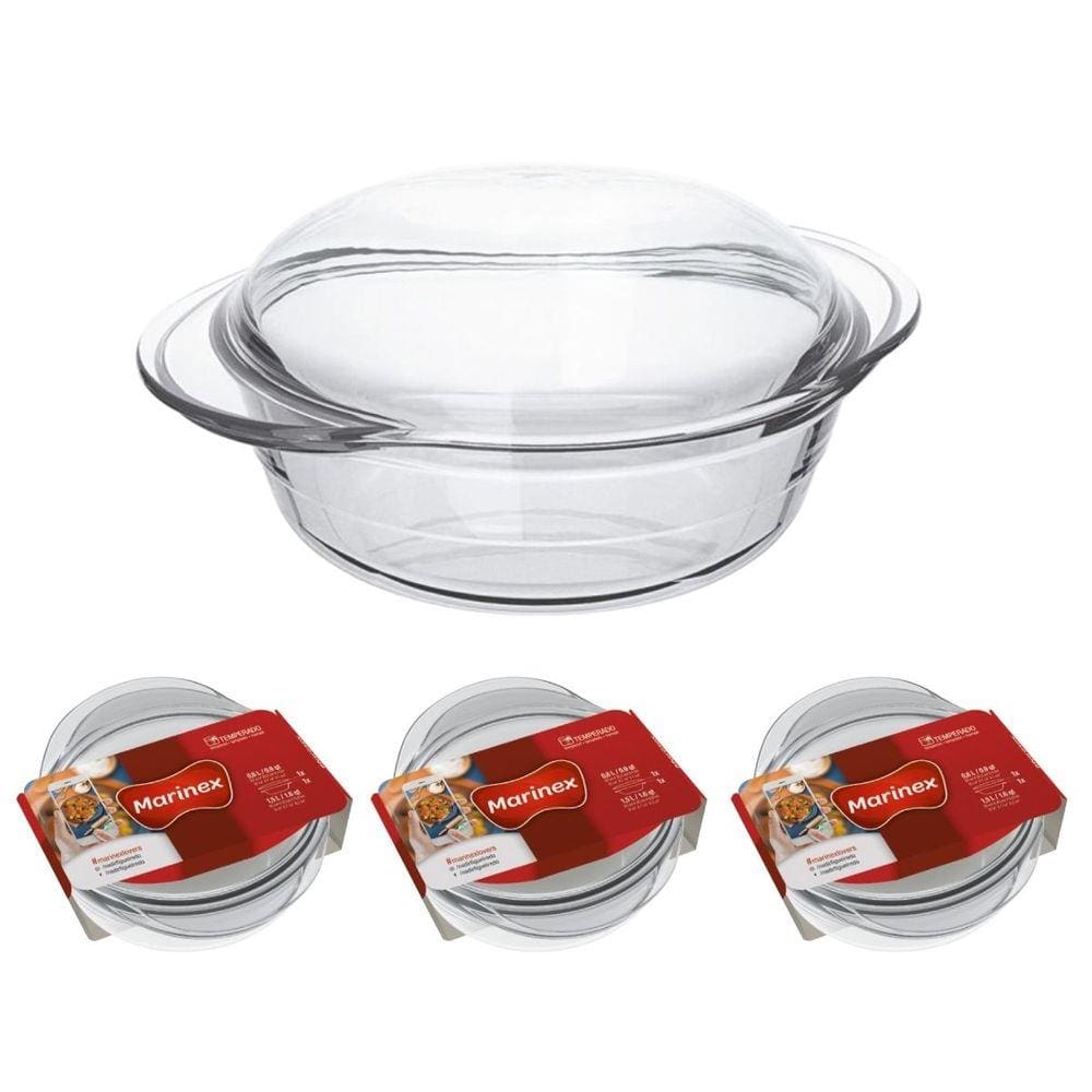 3 Assadeiras Vidro Terrina 2,3L Base 1,5L Tampa 0,8L Nadir