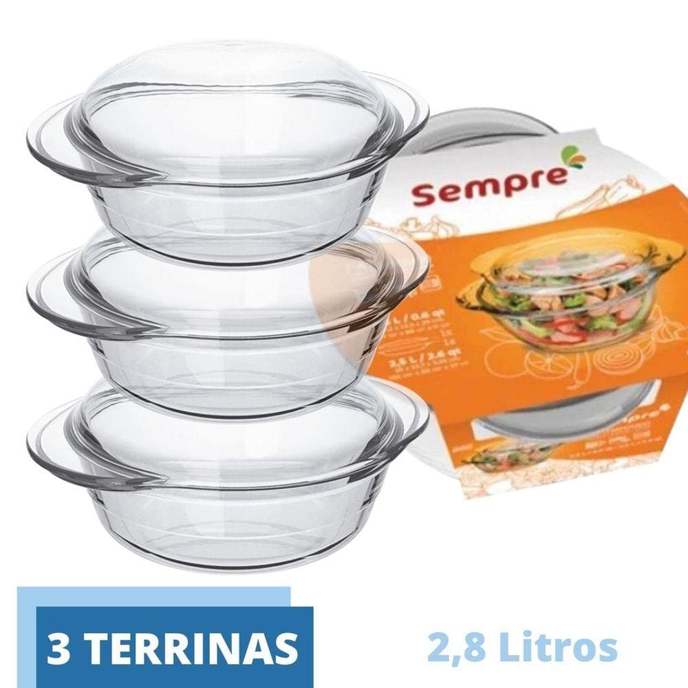 Travessa Vidro Terrina 2,8L Base 1,9L Tampa 0,9L Nadir - 3Un
