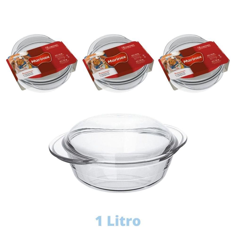 3 Assadeiras de Vidro Terrina 1L Base 0,7L Tampa 0,3L Nadir