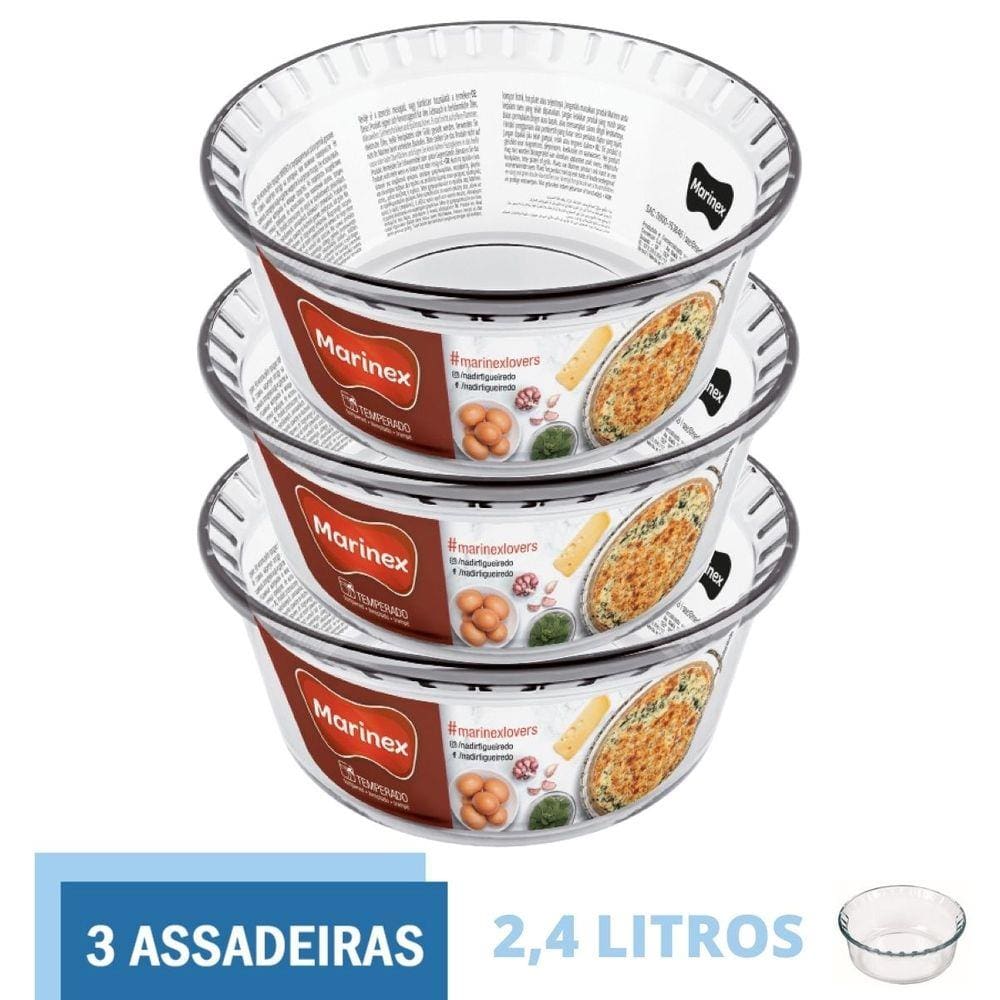 Forma Suflê Travessa Assadeira 2,4 L de Vidro Marinex - 3 Un
