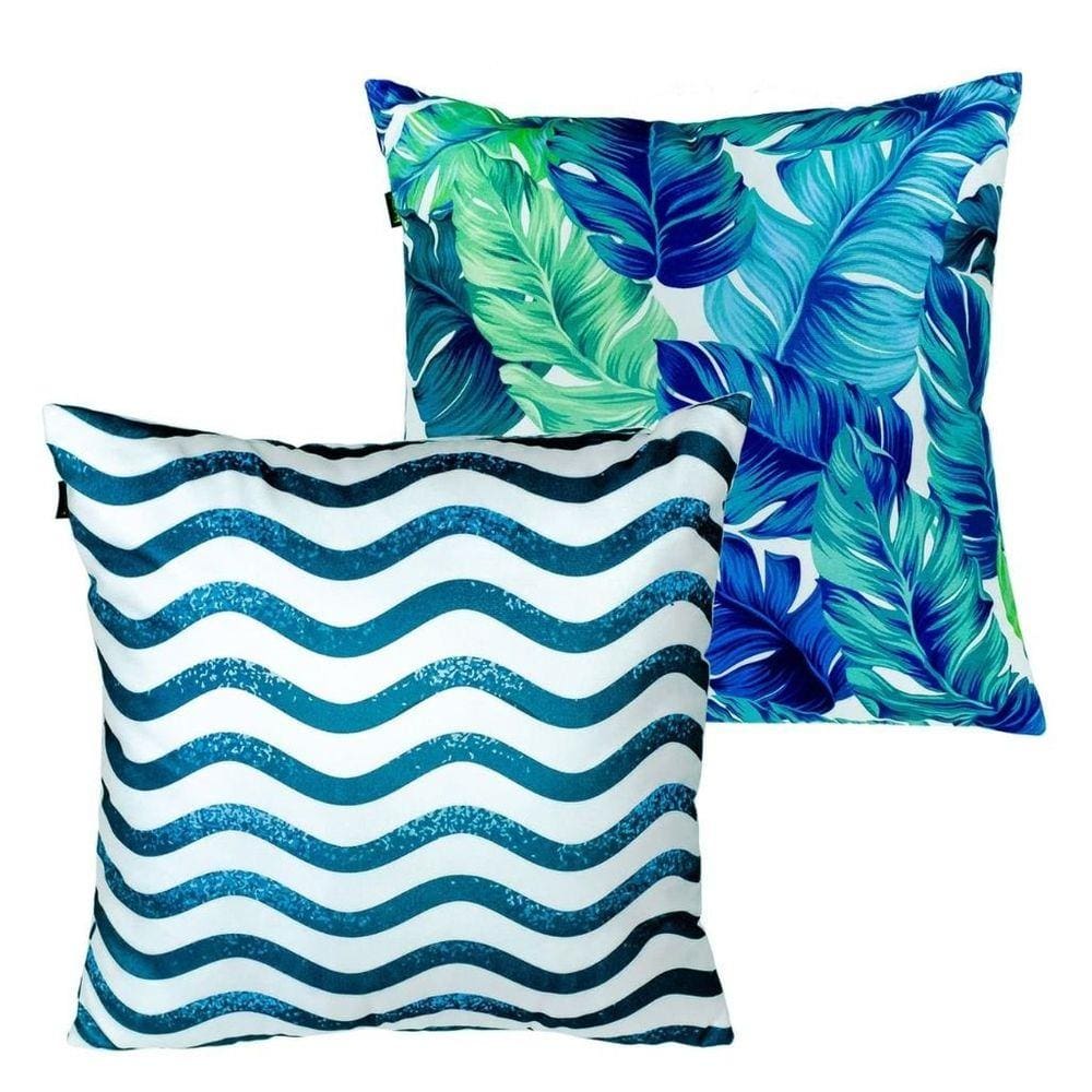 Kit 2 Almofadas Decorativas Folhagem Geométrico Azul