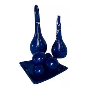 Jogo Vasos Par Lâmpadas E Centro Mesa 3 Esferas Azul Royal