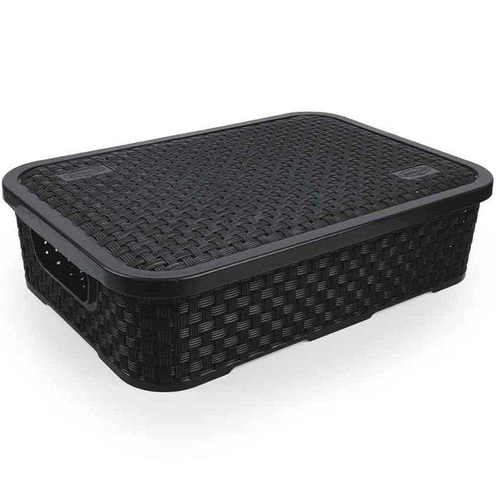 Caixa Organizadora Plástico Rattan 32Cm Baixa Média Preta
