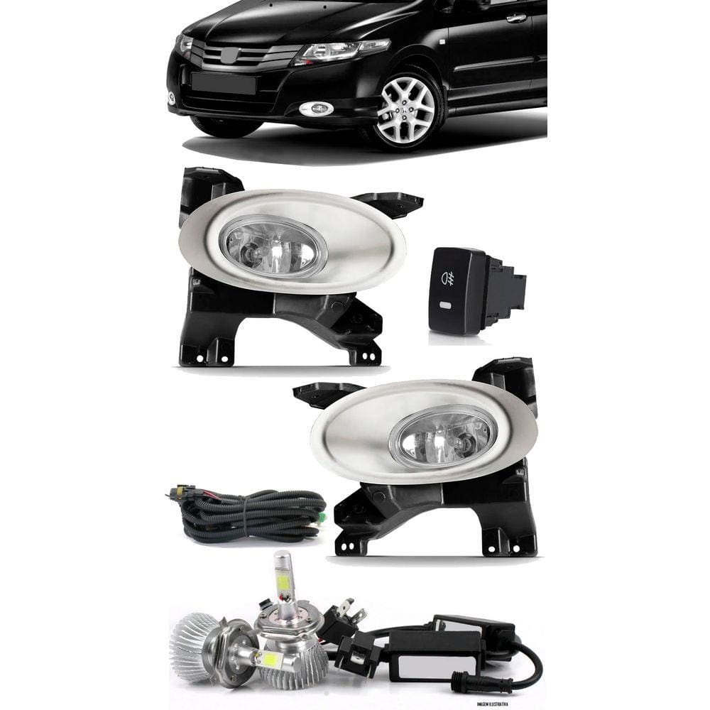 Kit Farol de Milha Honda City 2009 2010 2011 - Moldura Aro Cromo + Kit Lâmpada Super LED 6000K