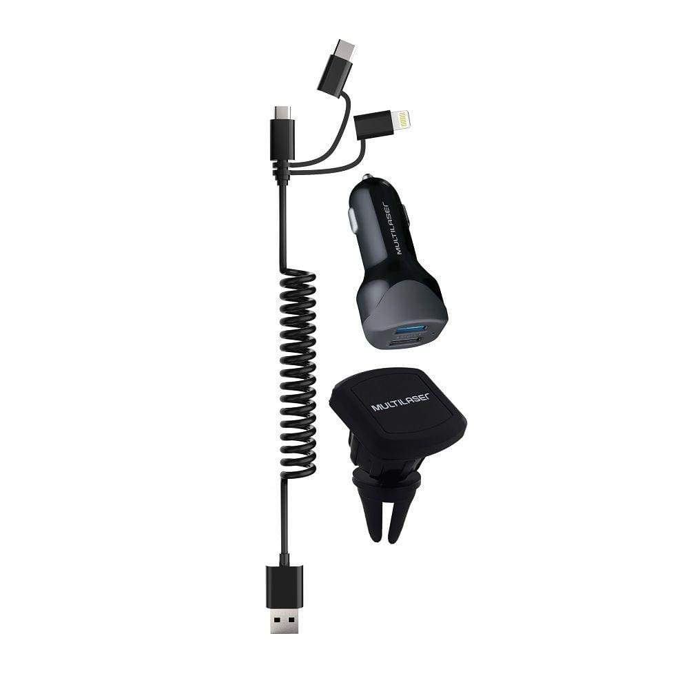 Kit Carregador veicular 3 em 1 USB + Type-C + iPhone com Suporte Magnético Preto Multilaser - CB134