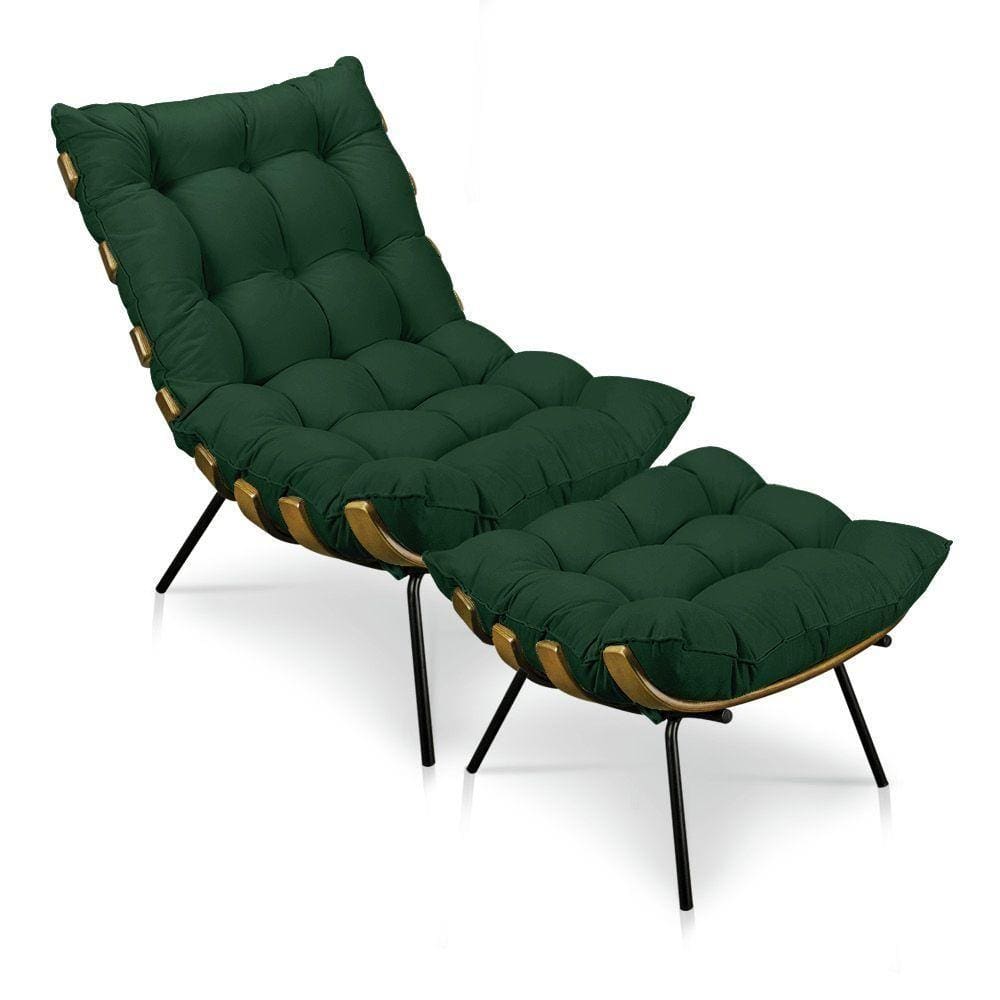 Kit Poltrona e Puff Costela Suede Base Metal Drossi Verde