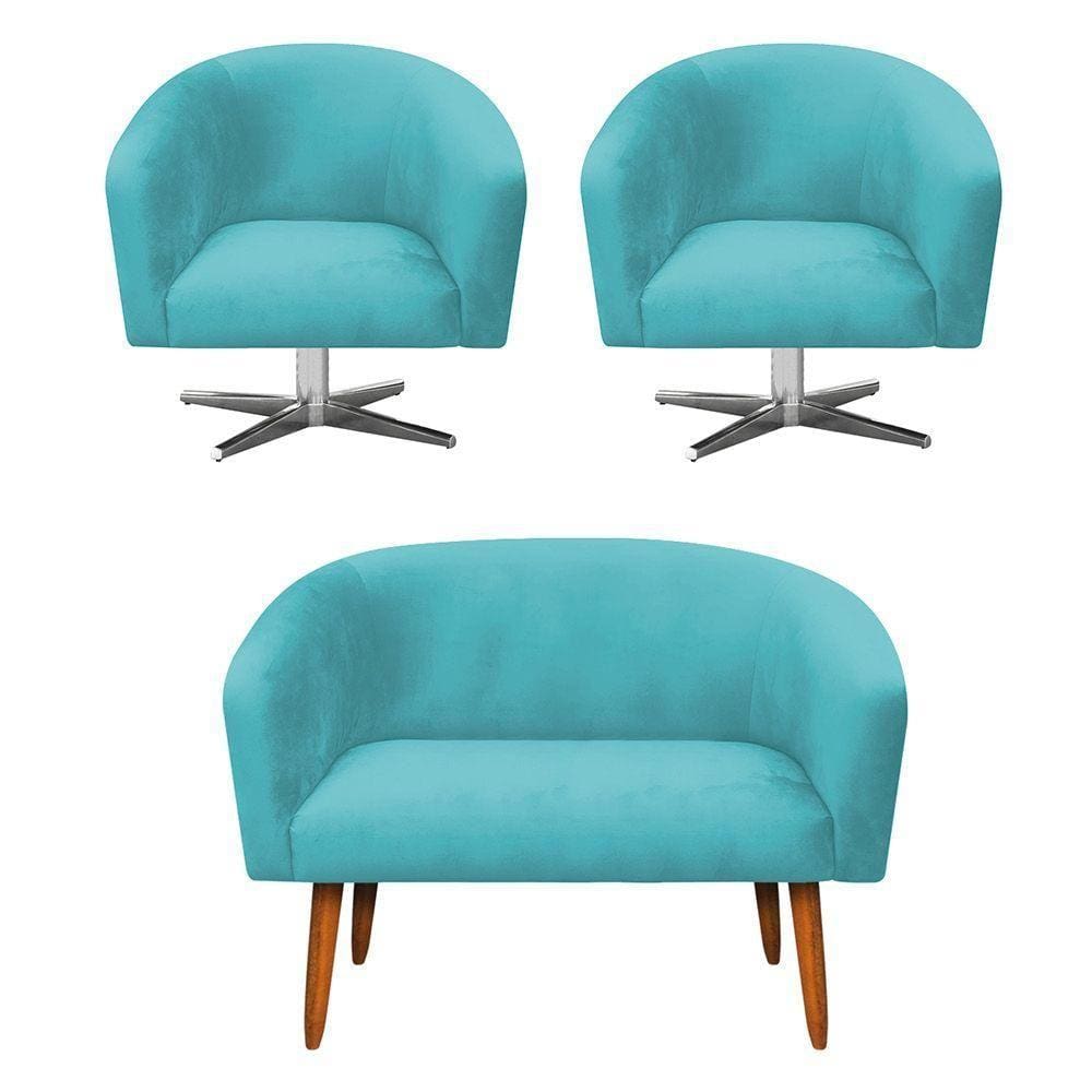 Kit 1 Namoradeira 2L e 2 Poltronas Giratória Azul Turquesa