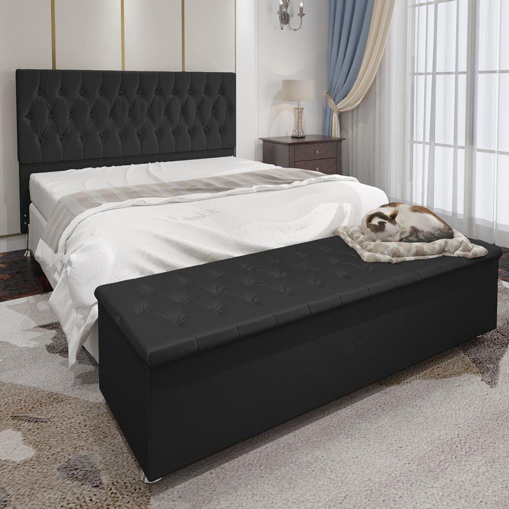 Conjunto Cabeceira Casal e Recamier Baú 1,60m Madrid Suede Preto Dal Poz Estofados