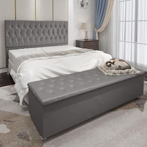 Conjunto Cabeceira Casal e Recamier Baú 1,60m Madrid Suede Cinza Dal Poz Estofados
