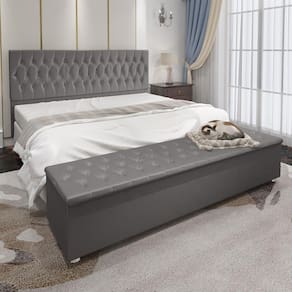 Conjunto Cabeceira Casal e Recamier Baú 1,95m Madrid Suede Cinza Dal Poz Estofados
