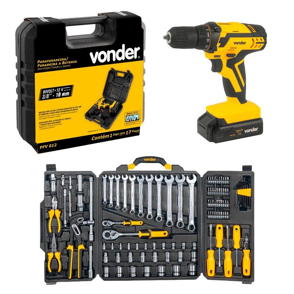 Kit Parafusadeira PFV012 + Jogo de Ferramentas 110 PC - Vonder