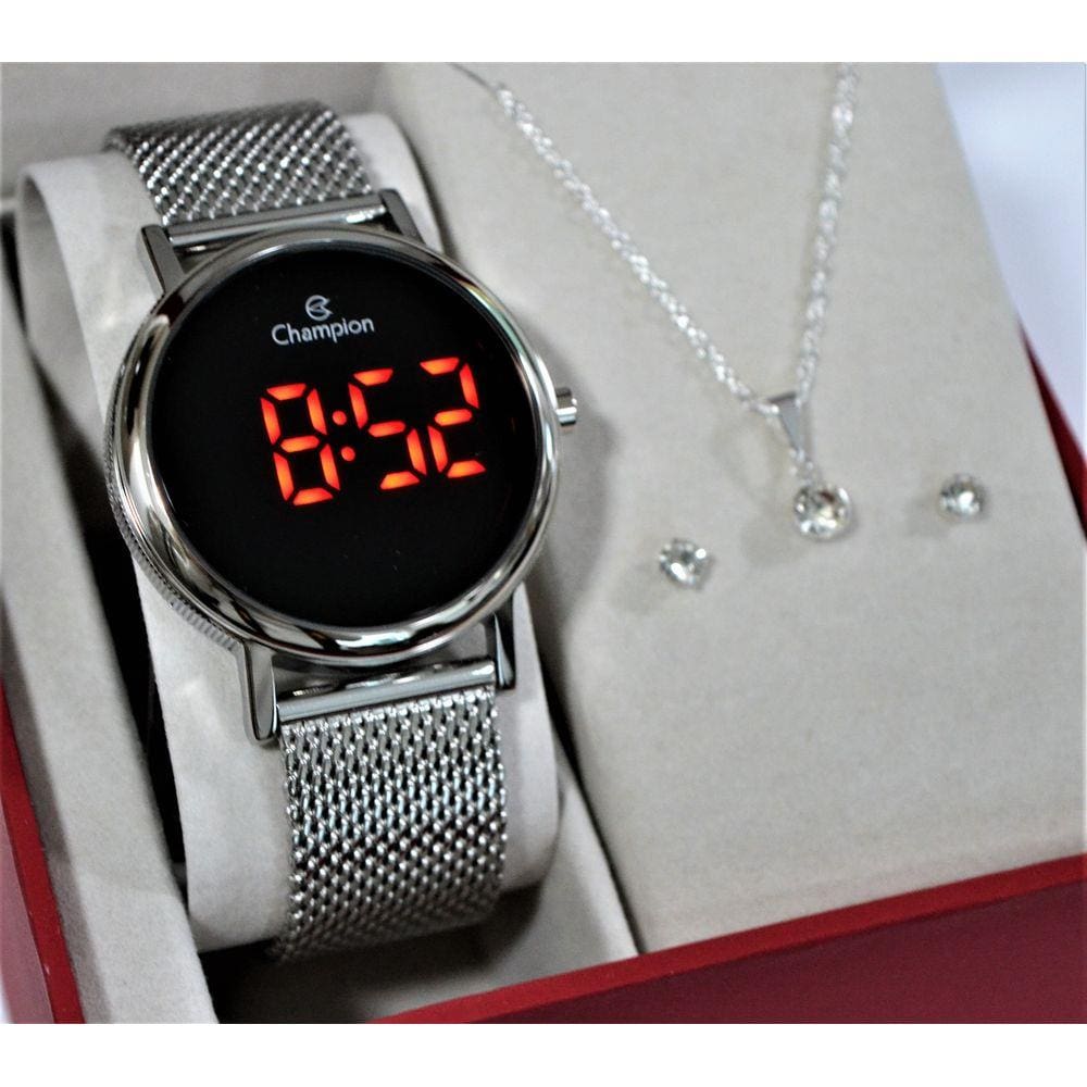 Relogio Champion Prateado Digital Ch40179t + Kit Semi Joia