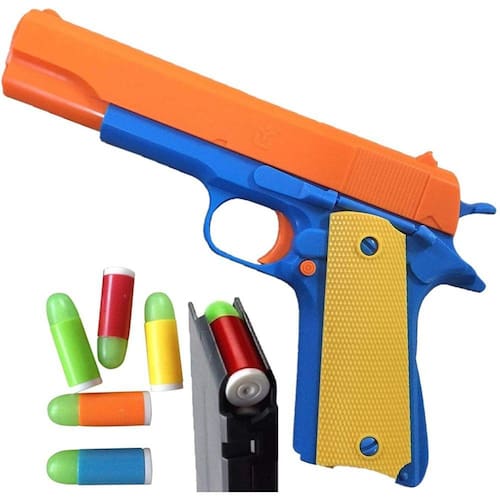 Colt 1911 Toy Gun com Revista Ejetante e Balas de Ponta Brilhante - Estilo de M1911 com slide action orange barrel para treinamento de segurança ou j