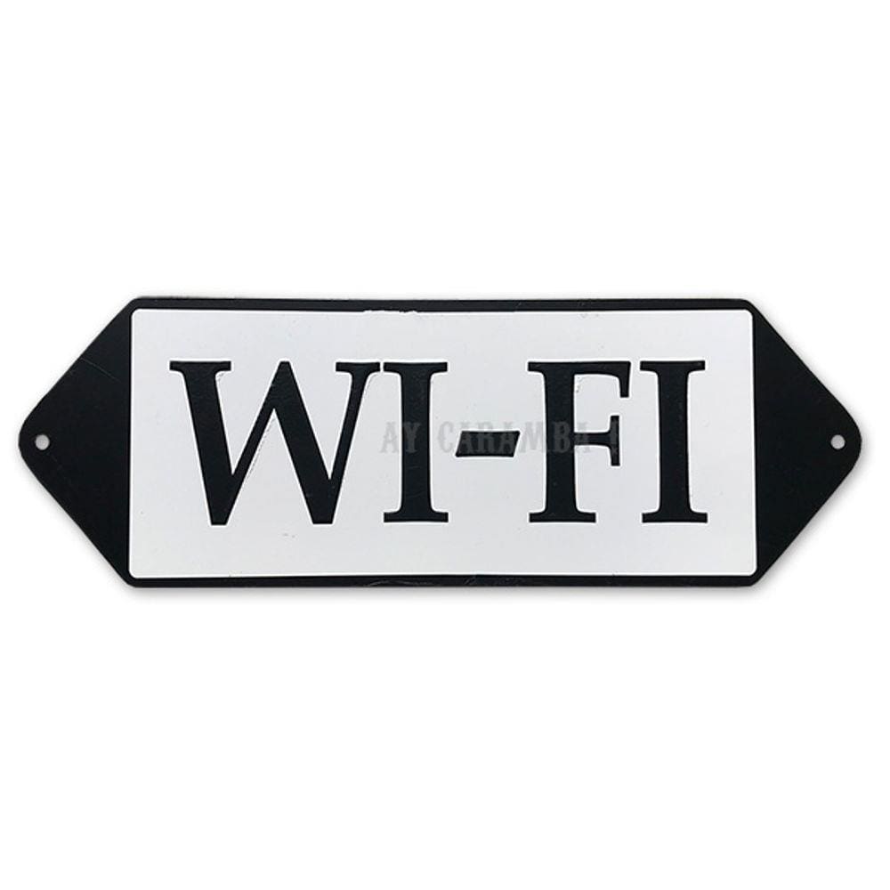 Placa Decorativa de Parede em Metal - WI-FI - Preta e Branca - Vintage