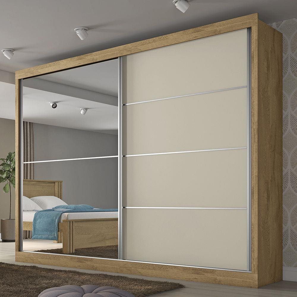 Guarda-roupa Casal Verona 2 Portas 4 Gavetas Espelhado Amendoa/off White - Mademarques