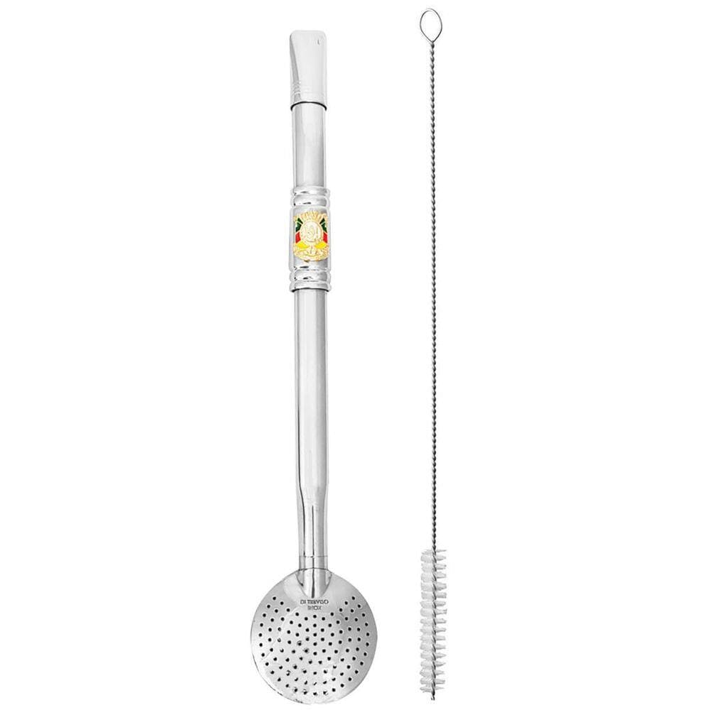 Bomba Chimarrão Tererê Aço Inox 23cm com Rosca e Anel com Pingente de Brasão