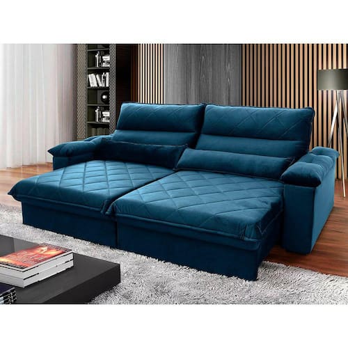 Sofá Retrátil Reclinável Grécia 2,50m Suede Velut Azul Marinho c/ Molas no Assento - King House