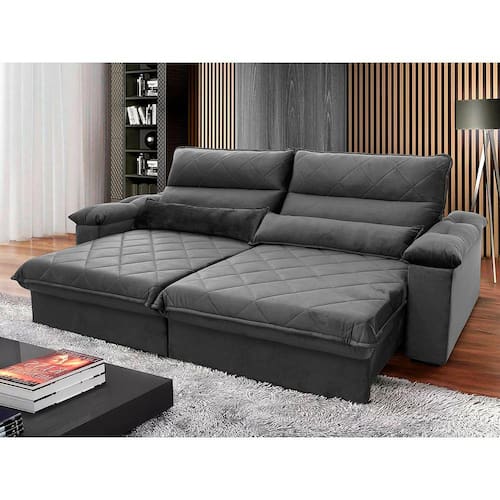 Sofá Retrátil/Reclinável Grécia 2,10m Suede Velut Cinza c/ Molas no Assento - King House