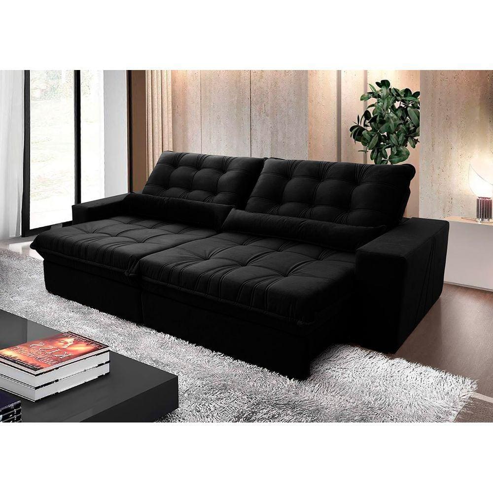 Sofá Retrátil Reclinável Zurique 2,70m Suede Velut Preto c/ Molas no Assento - King House