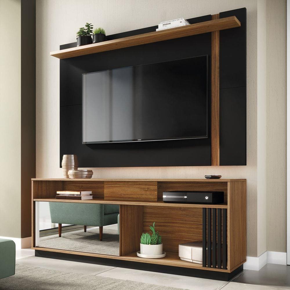 Rack com Painel para TV até 60 Polegadas 1 Porta 3 Nichos 1 Prateleira Colibri Noce Milano/Preto Fosco