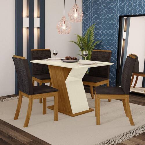 Conjunto Sala de Jantar Mesa 120cm Tampo MDF 4 Cadeiras Lupita Casa 812