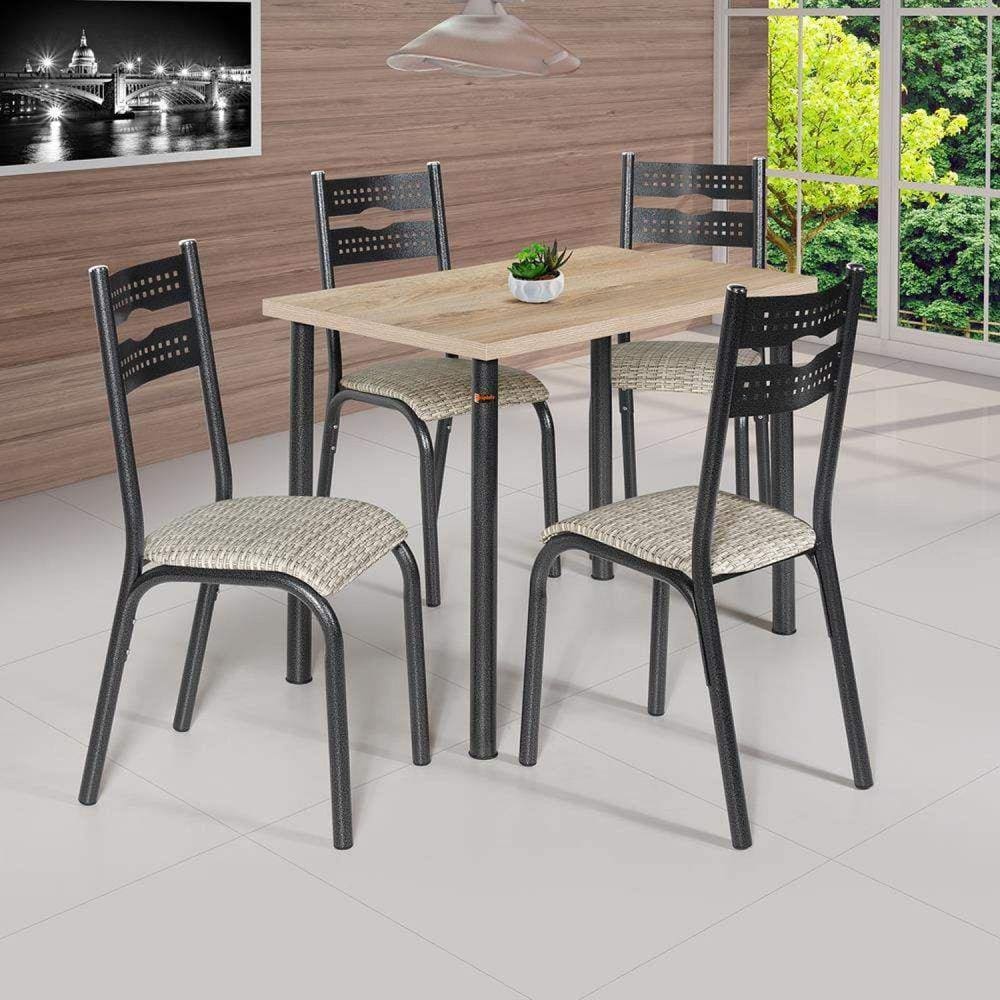 Conjunto com Mesa Tampo de Vidro 4 Cadeiras Pietra Aço Nobre