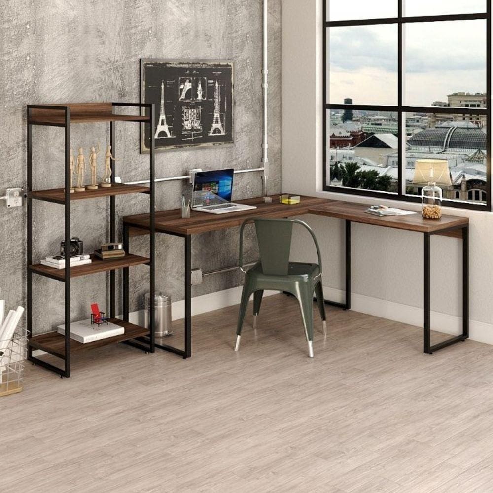 Conjunto Home Office Industrial 1 Escrivaninha em L e 1 Estante 4 Prateleiras Kuadra Compace Nogal