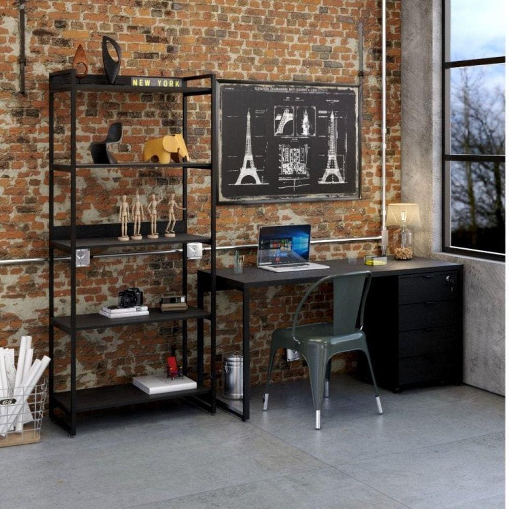 Conjunto Home Office Industrial 3 Peças 1 Escrivaninha 1 Estante e 1 Gaveteiro Kuadra Compace Onix