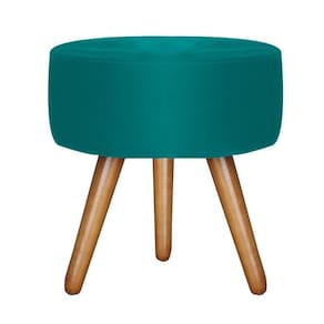 Puff Banqueta Redonda Azul Tiffany Pés Castanho