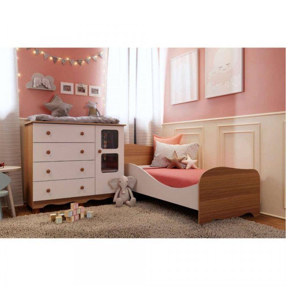 Quarto Infantil com Berço, Cômoda e Roupeiro Marrom e Branco Aconchego  Completa Móveis