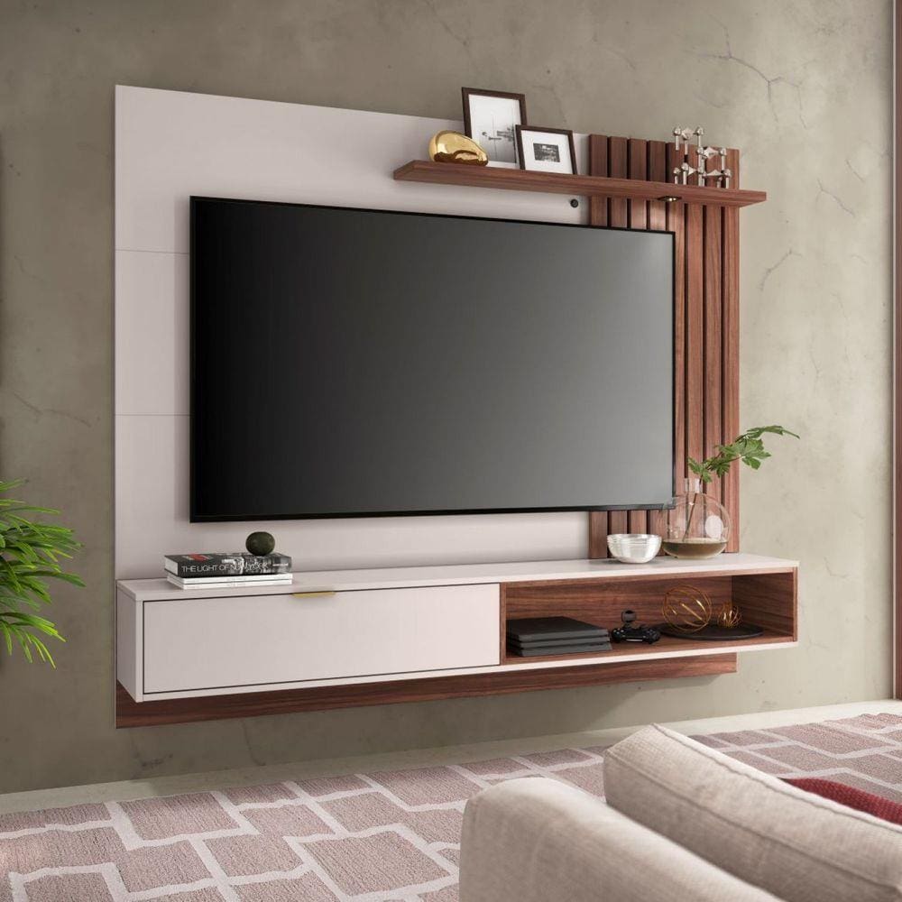 Painel para TV até 60 Polegadas 1 Nicho 1 Porta 1 Prateleira Tocantins Colibri Off White/Nogueira Real