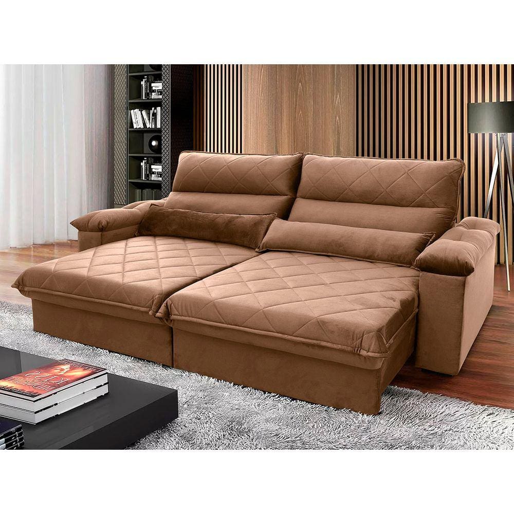 Sofá Retrátil Reclinável Grécia 3,00m Suede Velut Bege c/ Molas no Assento - King House