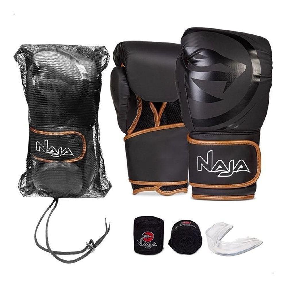 Kit Muay Thai Boxe Naja Luva Black Line Pta E Dourada 16 Oz
