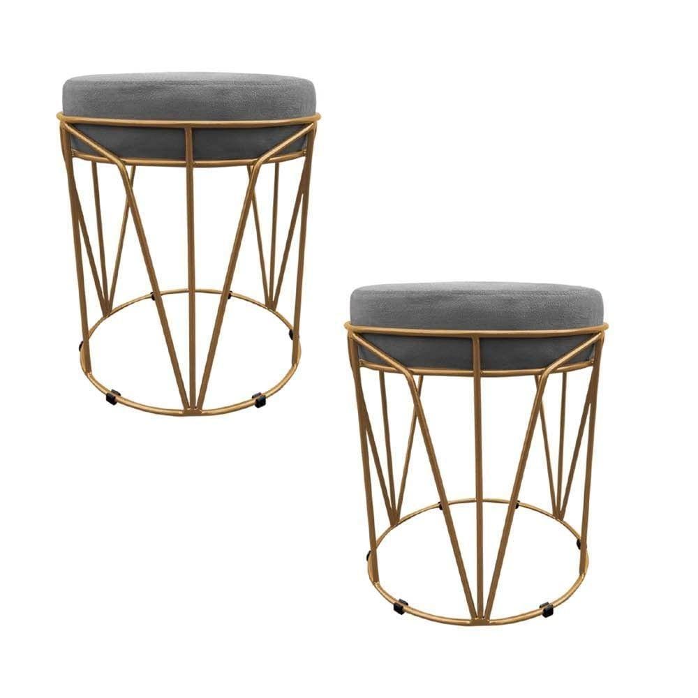 Kit 02 Puff Babu Suede Grafite com Base Dourado - D`rossi