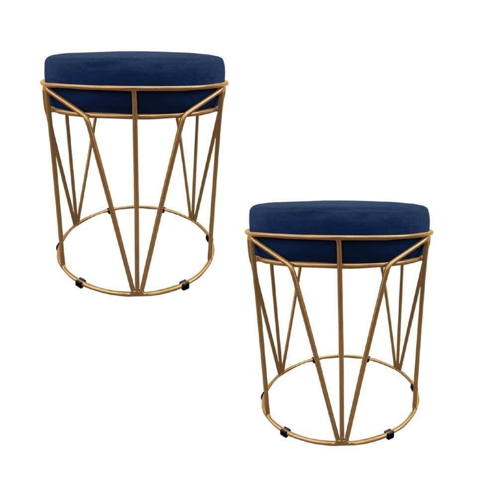 Kit 02 Puff Babu Suede Azul Marinho com Base Dourado D`rossi