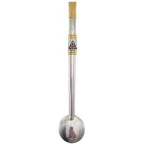 Bomba para Chimarrão Tererê Aço Inox 304 e Ouro 18k Pingente Nossa Senhora Aparecida Azul