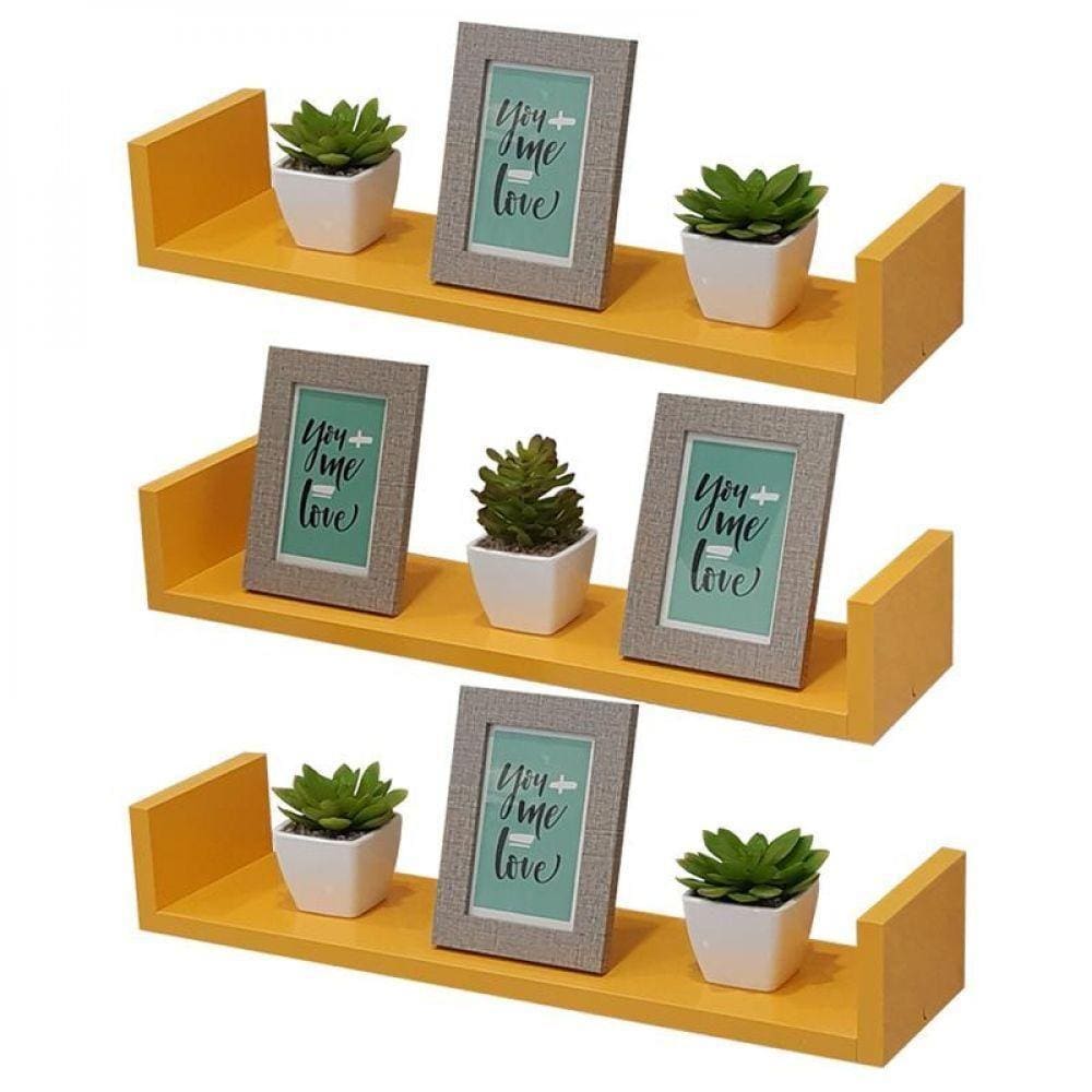 Kit 3 Prateleiras U 80 X 25cm Amarela Suporte Invisível