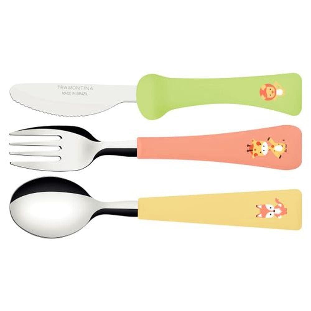 Jogo de Talheres Infantil Colorido 03 Peças Tramontina Baby Friends com Lâminas de Aço Inox e Cabos de Polipropileno