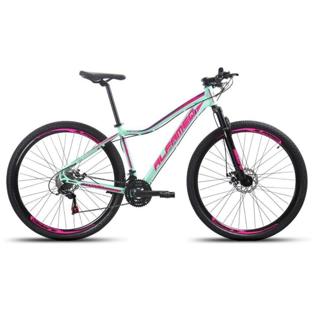 Bicicleta Aro 29 Feminina Alfameq Pandora 24v Câmbios Shimano Freios Hidráulicos Garfo com Suspensão - Verde/Rosa