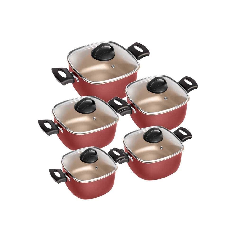 Conjunto de Panelas Quadradas Antiaderente Com Tampa De Vidro 5 Peças