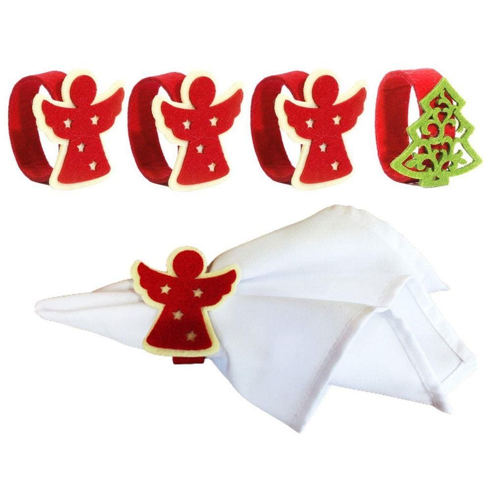 Jogo Porta Guardanapo Decorado Natal Anjo e Pinheiro Verde Anel 4 Peças - Magizi