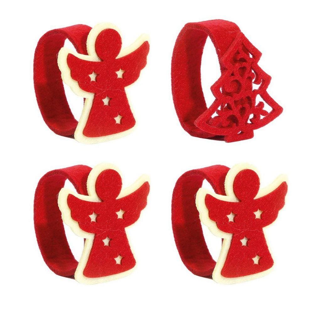Kit Porta Guardanapo Feltro Decorado Natal Anjo e Pinheiro Vermelho Anel 4 Peças - Magizi