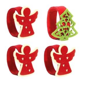 Kit Porta Guardanapo Feltro Decorado Natal Anjo e Pinheiro Verde Anel 4 Peças - Magizi